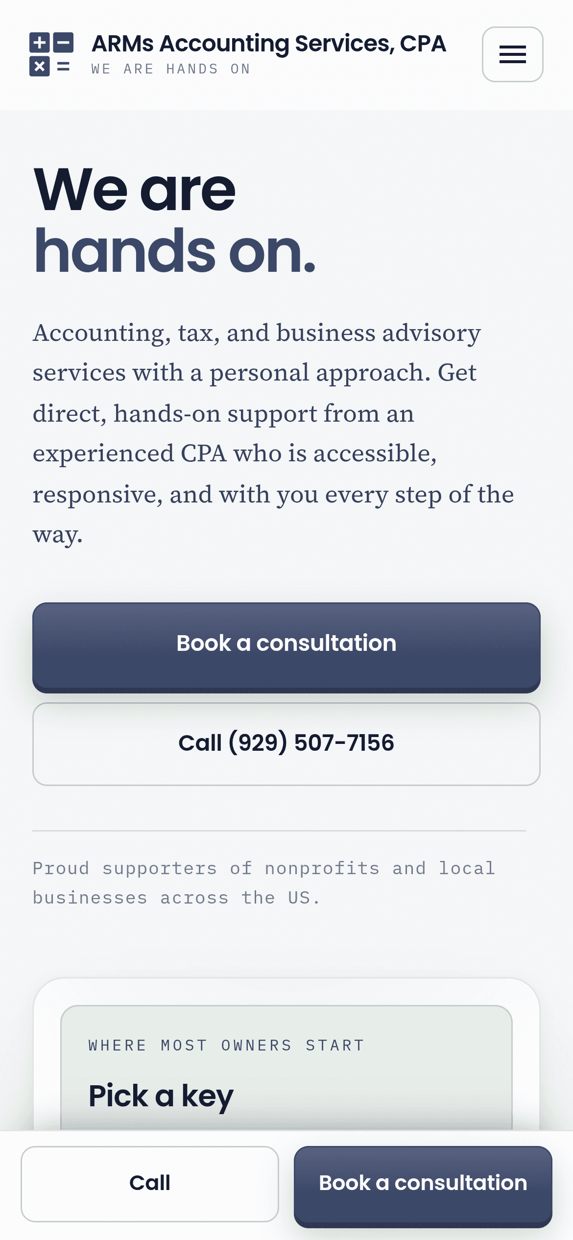 ARMs Accounting Services, CPA website on a phone: mobile homepage with Book a consultation and call buttons