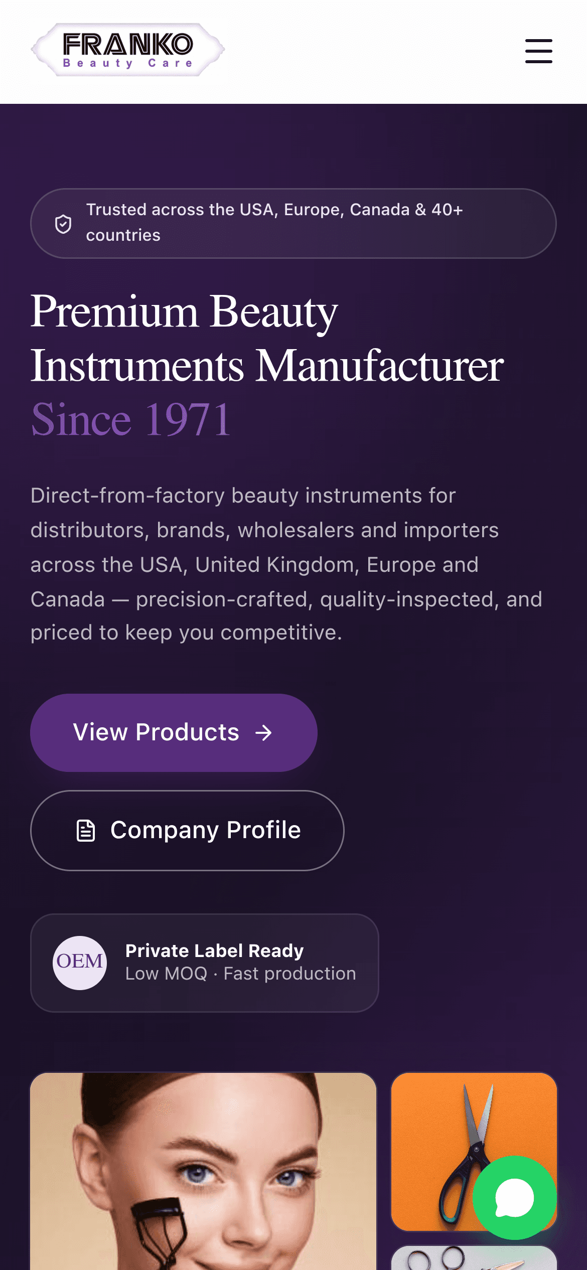 Franko Beauty website on a phone: mobile homepage with View Products and Company Profile buttons