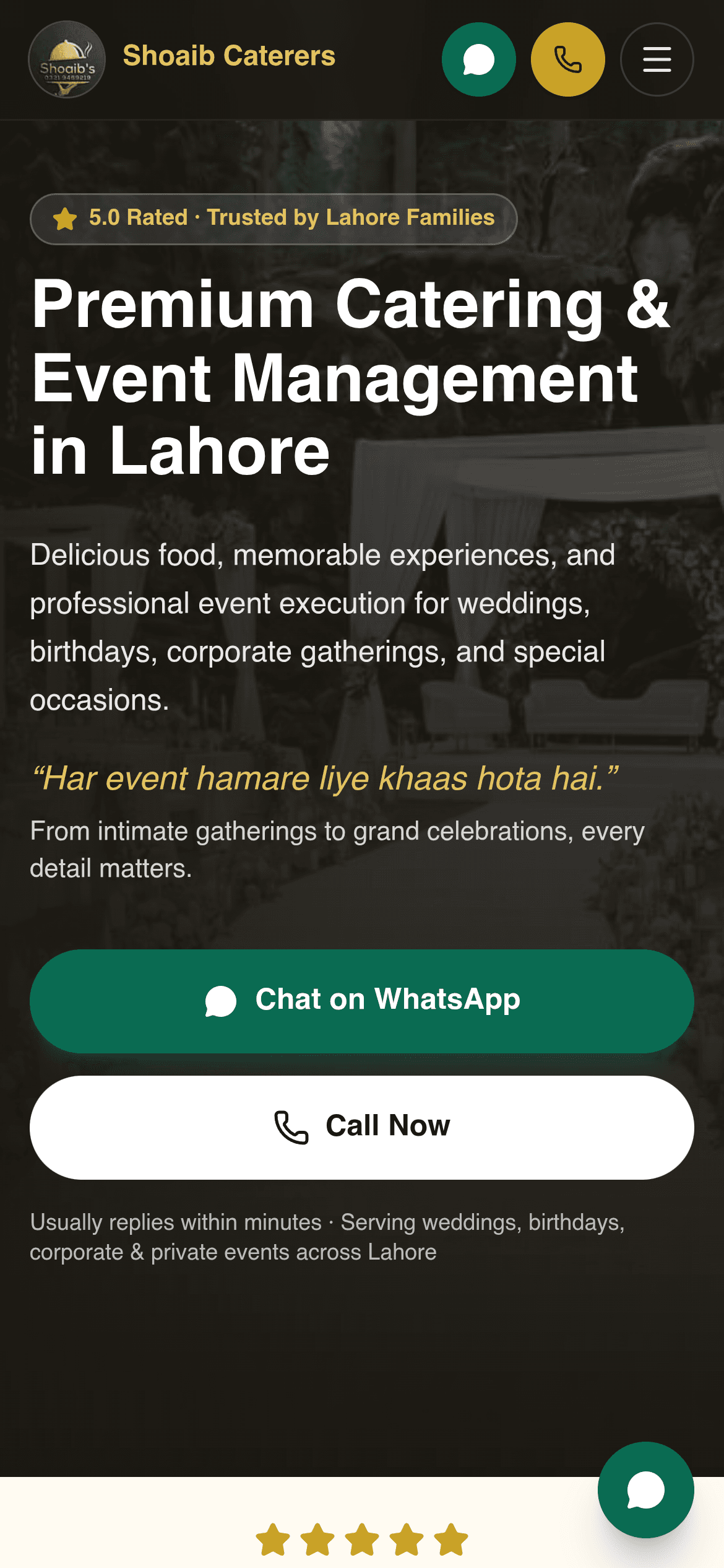 Shoaib Caterers website on a phone: mobile homepage with catering headline, Chat on WhatsApp and Call Now buttons